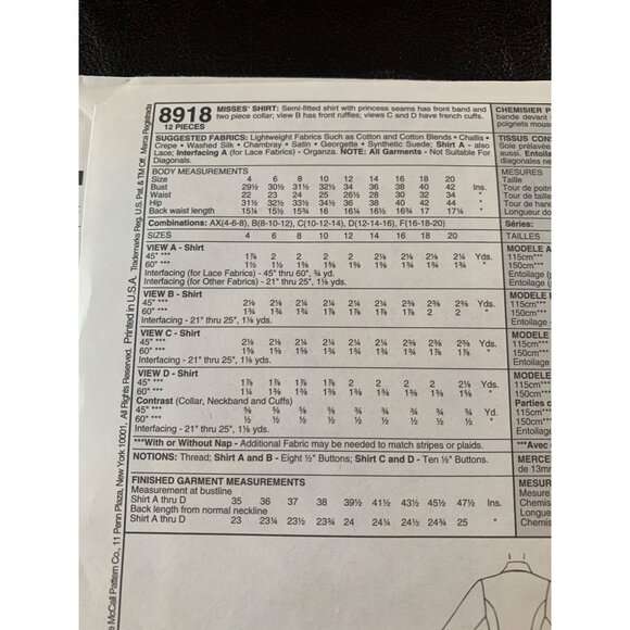 McCall's Misses Shirt Sewing Pattern Sz 4 - 6 8918 - Uncut - Picture 7 of 10